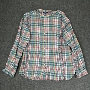 Chaps Plaid Blouse Women's‎ M Ruffle Button Down Bishop Sleeve Top Shirt Casual
